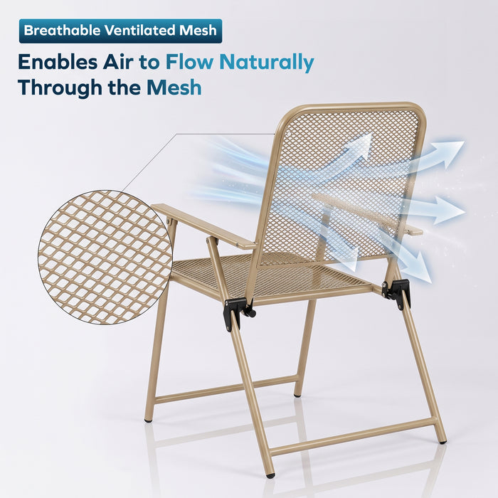 Corvids Foldable Metal Camping Chairs with Armrest (Set of 2)| 120 KG Capacity, Ventilated Mesh Seat & Backrest | Rust-Resistant Portable Chair for Balcony, Garden, Patio & Indoor Use (Khaki)