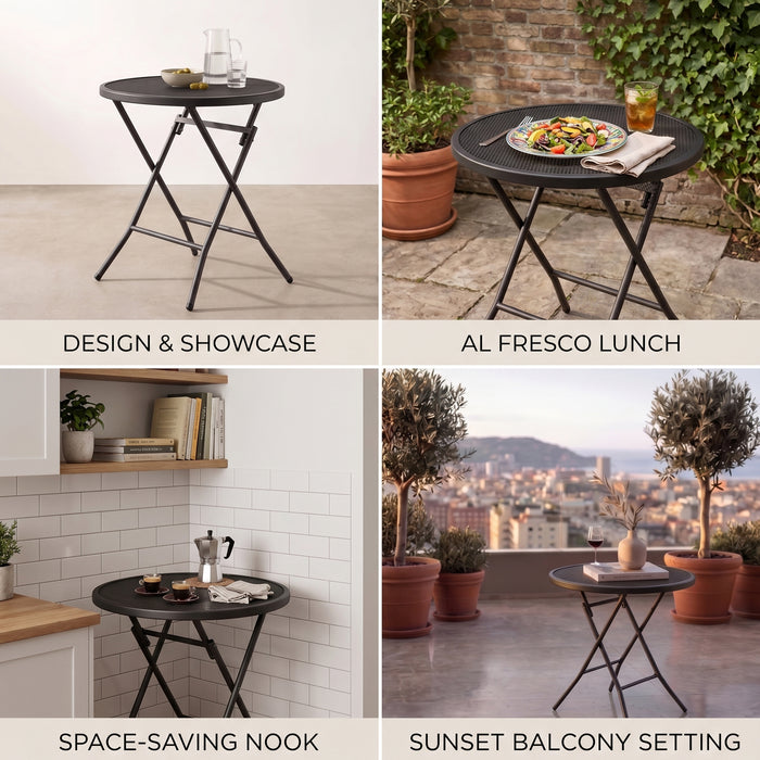 Corvids Foldable Round Metal Camping & Utility Table | 2 Year Warranty | 70 KG Capacity & Rust-Resistant Powder Coating | Portable Coffee & Bistro Table for Balcony, Garden, Patio & Indoor Use (Black)