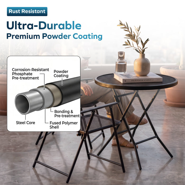 Corvids Foldable Round Metal Camping & Utility Table | 2 Year Warranty | 70 KG Capacity & Rust-Resistant Powder Coating | Portable Coffee & Bistro Table for Balcony, Garden, Patio & Indoor Use (Black)