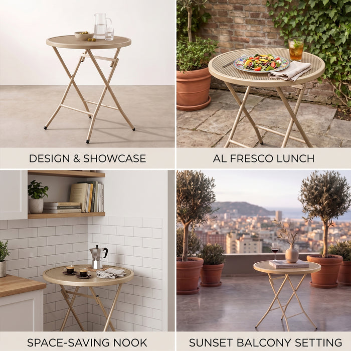 Corvids Foldable Round Metal Camping & Utility Table | 2 Year Warranty | 70 KG Capacity & Rust-Resistant Powder Coating | Portable Coffee & Bistro Table for Balcony, Garden, Patio & Indoor Use (Khaki)