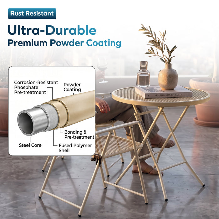 Corvids Foldable Round Metal Camping & Utility Table | 2 Year Warranty | 70 KG Capacity & Rust-Resistant Powder Coating | Portable Coffee & Bistro Table for Balcony, Garden, Patio & Indoor Use (Khaki)