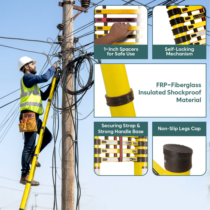 Corvids 3.5m (11.5 Feet) Heavy-Duty FRP Telescopic Ladder | Electrically Insulated & Non-Conductive | Foldable Multipurpose Ladder for Home, Industrial & Outdoor Use