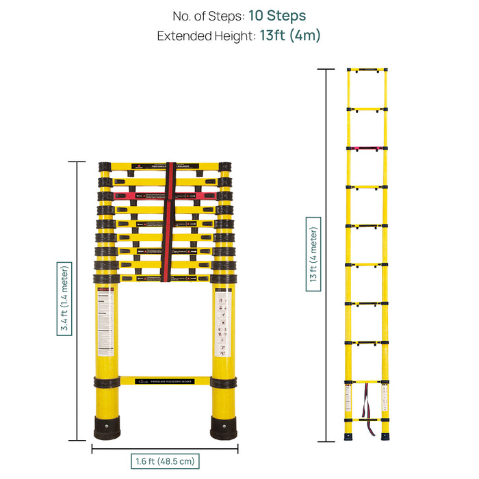 Corvids 4.0m (13 Feet) Heavy-Duty FRP Telescopic Ladder | Electrically Insulated & Non-Conductive | Foldable Multipurpose Ladder for Home, Industrial & Outdoor Use