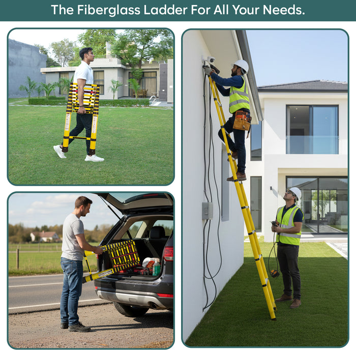 Corvids 4.0m (13 Feet) Heavy-Duty FRP Telescopic Ladder | Electrically Insulated & Non-Conductive | Foldable Multipurpose Ladder for Home, Industrial & Outdoor Use
