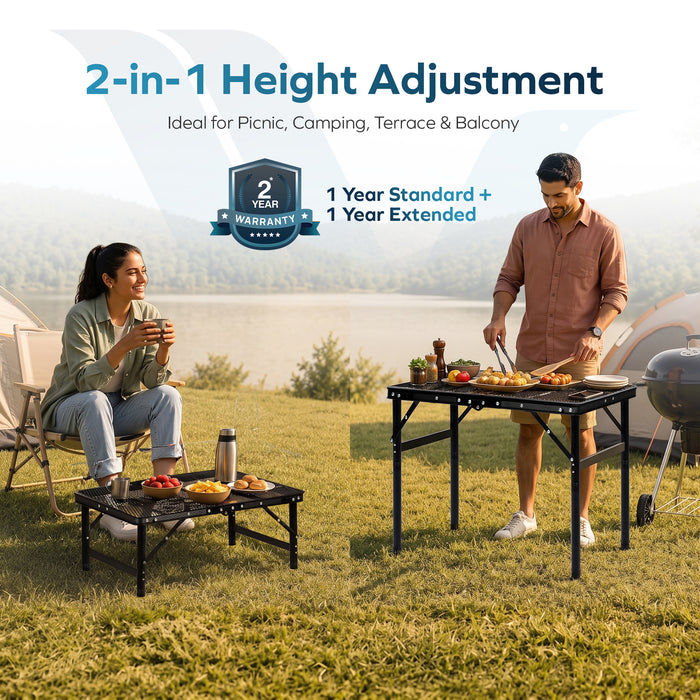 Corvids 2 Feet Foldable Camping Table with Metal Mesh Top | 2 Year Warranty | 50 KG Capacity | Portable & Height Adjustable Camping, Picnic & Utility Table for Outdoor, Balcony & Terrace (Black)