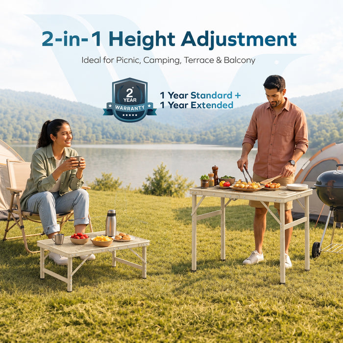Corvids 2 Feet Foldable Camping Table with Metal Mesh Top | 2 Year Warranty | 50 KG Capacity | Portable & Height Adjustable Camping, Picnic & Utility Table for Outdoor, Balcony & Terrace (Khaki)