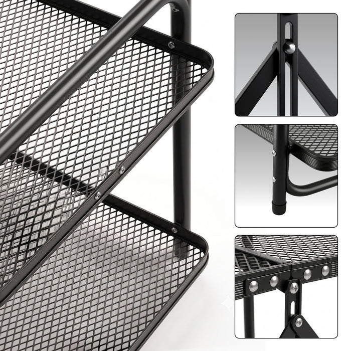 Corvids 2 Feet Foldable Metal Storage Shelf | Mesh Shelves, Adjustable Height & Compact Folding Design | Multipurpose Organiser for Kitchen, Living Room, Bedroom & Office (Black)