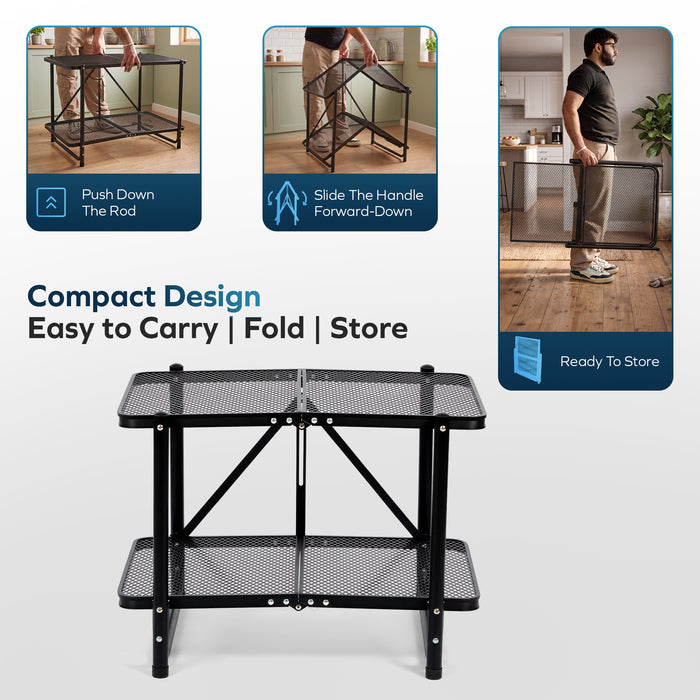 Corvids 2 Feet Foldable Metal Storage Shelf | Mesh Shelves, Adjustable Height & Compact Folding Design | Multipurpose Organiser for Kitchen, Living Room, Bedroom & Office (Black)