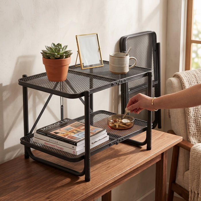 Corvids 2 Feet Foldable Metal Storage Shelf | Mesh Shelves, Adjustable Height & Compact Folding Design | Multipurpose Organiser for Kitchen, Living Room, Bedroom & Office (Black)