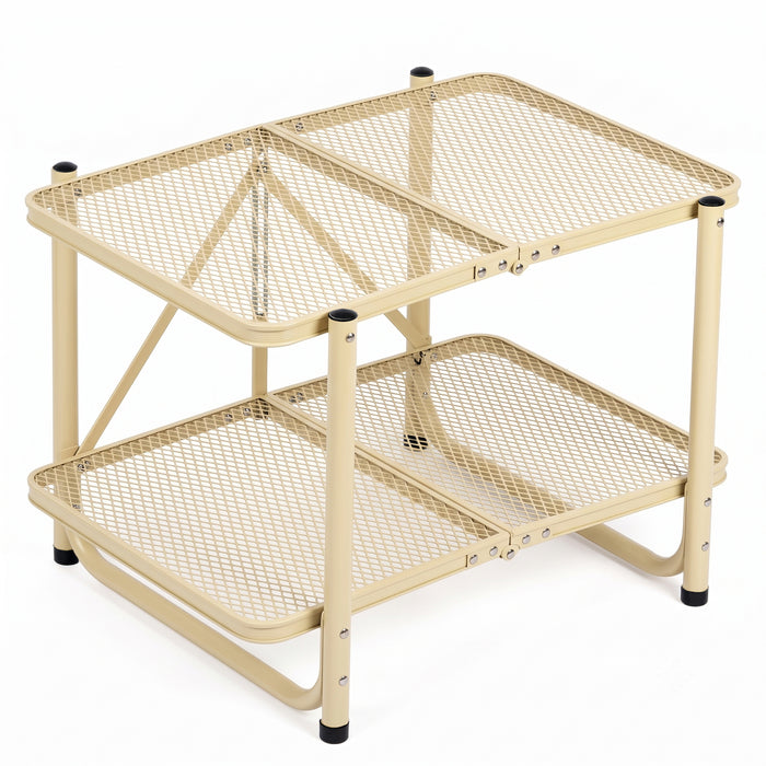 Corvids 2 Feet Foldable Metal Storage Shelf | Mesh Shelves, Adjustable Height & Compact Folding Design | Multipurpose Organizer for Kitchen, Living Room, Bedroom & Office (Khaki)