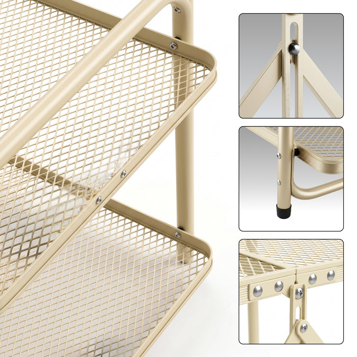 Corvids 2 Feet Foldable Metal Storage Shelf | Mesh Shelves, Adjustable Height & Compact Folding Design | Multipurpose Organizer for Kitchen, Living Room, Bedroom & Office (Khaki)