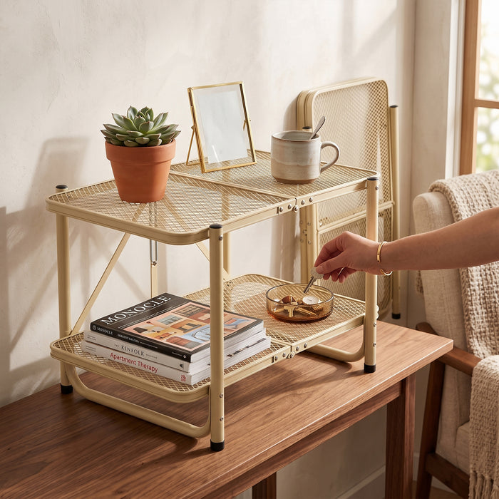 Corvids 2 Feet Foldable Metal Storage Shelf | Mesh Shelves, Adjustable Height & Compact Folding Design | Multipurpose Organizer for Kitchen, Living Room, Bedroom & Office (Khaki)
