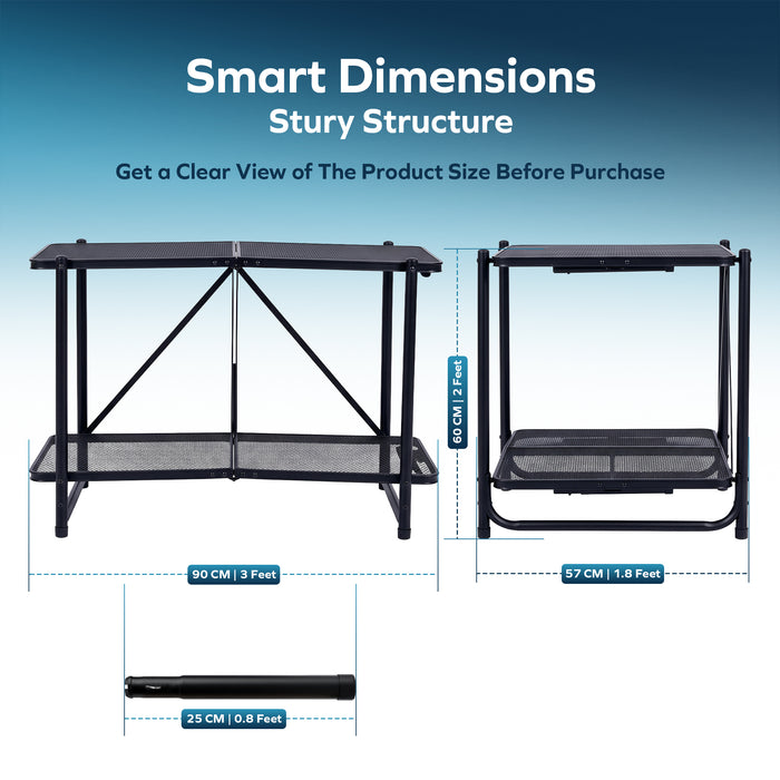 Corvids 3 Feet Foldable Metal Storage Shelf | Mesh Shelves, Adjustable Height & Compact Folding Design | Multipurpose Organizer for Kitchen, Living Room, Bedroom & Office (Black))