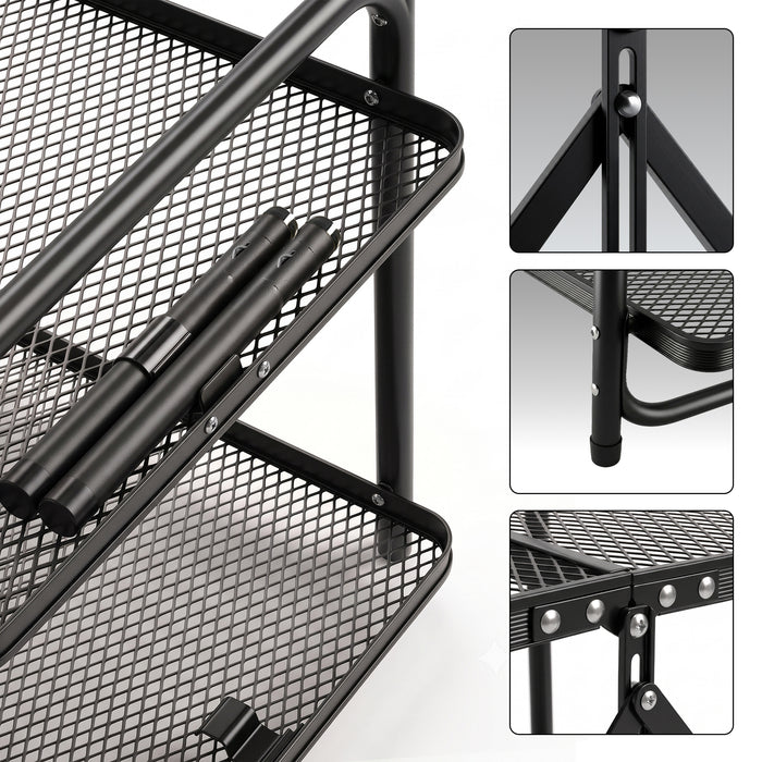 Corvids 3 Feet Foldable Metal Storage Shelf | Mesh Shelves, Adjustable Height & Compact Folding Design | Multipurpose Organizer for Kitchen, Living Room, Bedroom & Office (Black))