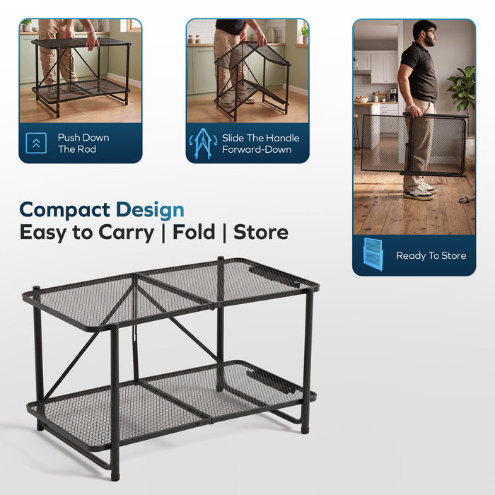 Corvids 3 Feet Foldable Metal Storage Shelf | Mesh Shelves, Adjustable Height & Compact Folding Design | Multipurpose Organizer for Kitchen, Living Room, Bedroom & Office (Black))