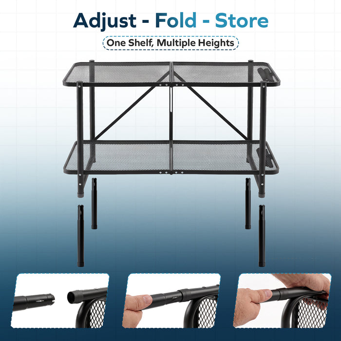 Corvids 3 Feet Foldable Metal Storage Shelf | Mesh Shelves, Adjustable Height & Compact Folding Design | Multipurpose Organizer for Kitchen, Living Room, Bedroom & Office (Black))