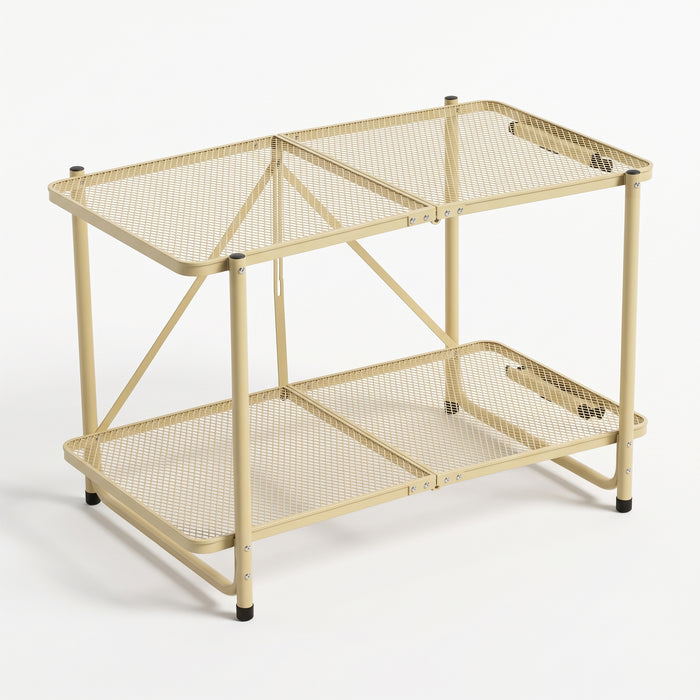 Corvids 3 Feet Foldable Metal Storage Shelf | Mesh Shelves, Adjustable Height & Compact Folding Design | Multipurpose Organizer for Kitchen, Living Room, Bedroom & Office (Khaki)