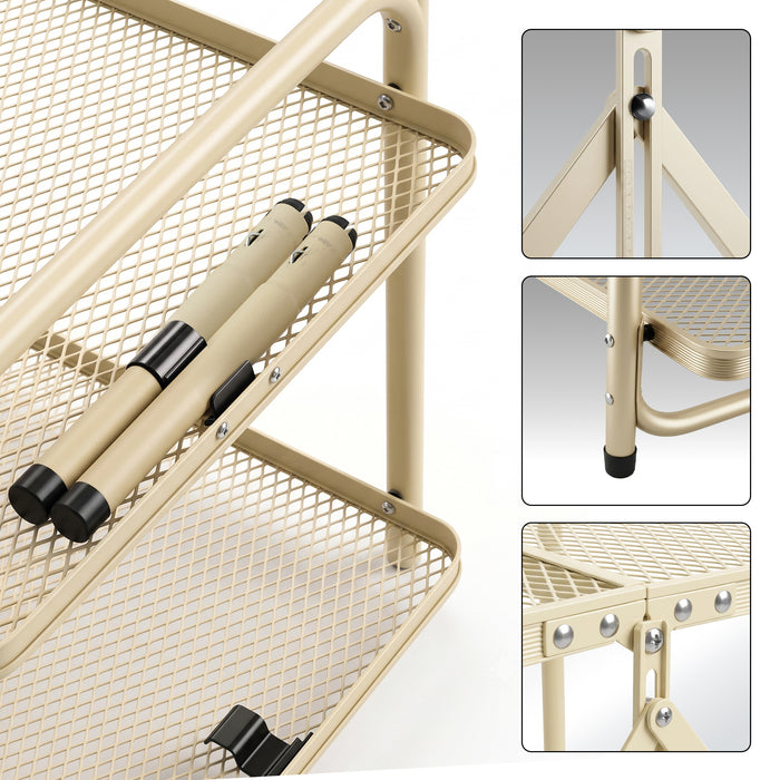 Corvids 3 Feet Foldable Metal Storage Shelf | Mesh Shelves, Adjustable Height & Compact Folding Design | Multipurpose Organizer for Kitchen, Living Room, Bedroom & Office (Khaki)