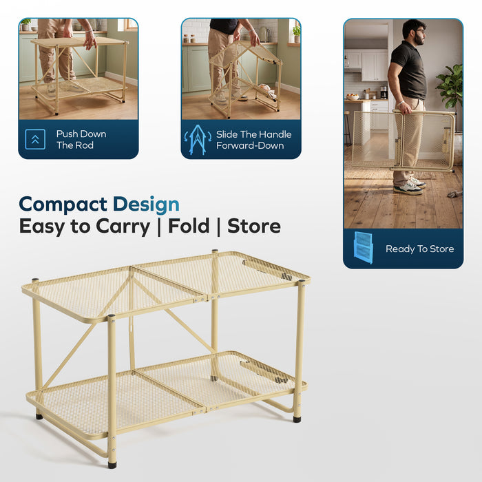 Corvids 3 Feet Foldable Metal Storage Shelf | Mesh Shelves, Adjustable Height & Compact Folding Design | Multipurpose Organizer for Kitchen, Living Room, Bedroom & Office (Khaki)