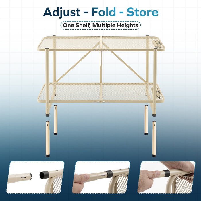 Corvids 3 Feet Foldable Metal Storage Shelf | Mesh Shelves, Adjustable Height & Compact Folding Design | Multipurpose Organizer for Kitchen, Living Room, Bedroom & Office (Khaki)