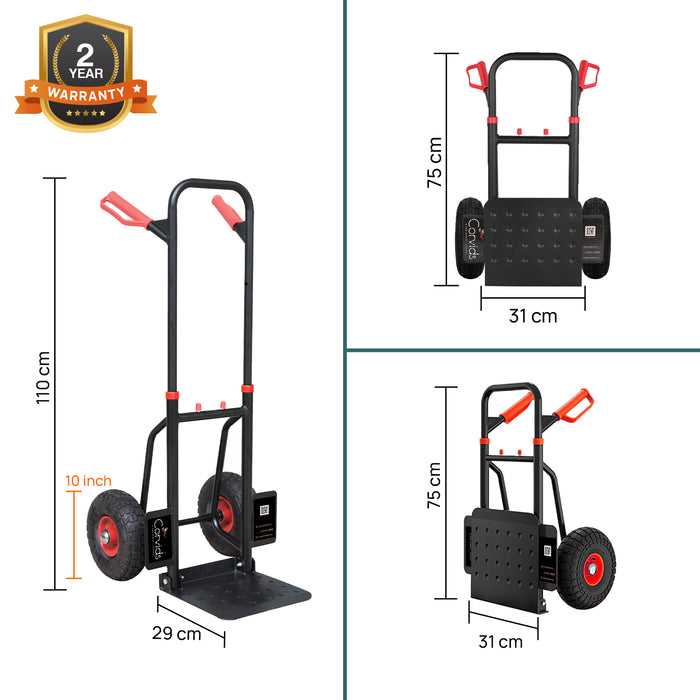 Corvids Heavy Duty 125 kg Mild Steel Foldable Hand Truck | Portable Push & Pull Dolly with Pneumatic Wheels & Extendable Handle