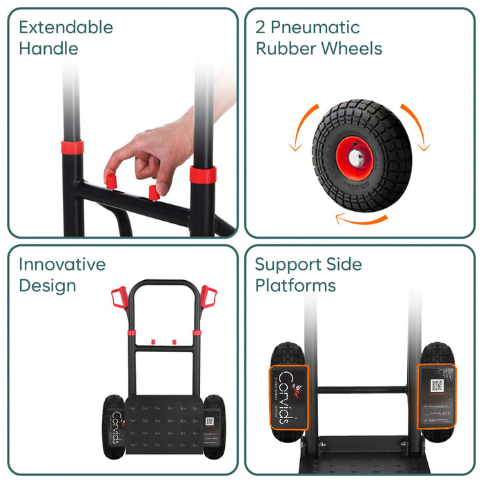 Corvids Heavy Duty 125 kg Mild Steel Foldable Hand Truck | Portable Push & Pull Dolly with Pneumatic Wheels & Extendable Handle