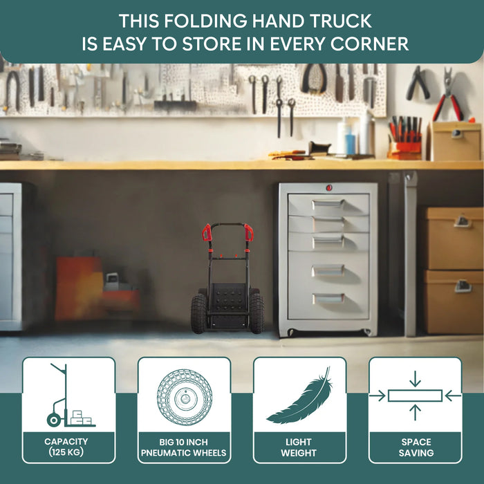 Corvids Heavy Duty 125 kg Mild Steel Foldable Hand Truck | Portable Push & Pull Dolly with Pneumatic Wheels & Extendable Handle