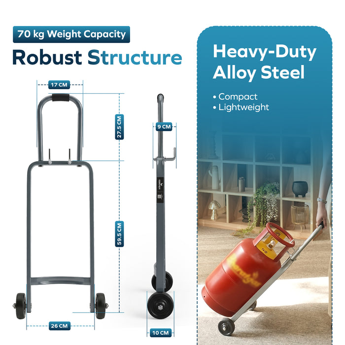 Corvids Heavy Duty Gas Cylinder Trolley with 2 Wheels & Hooks | 2-Year Warranty | Carbon Steel Frame, 4-Inch TPR Wheels, Padded Handle, LPG Cylinder Mover for Home & Kitchen, 80 KG Capacity (Grey)