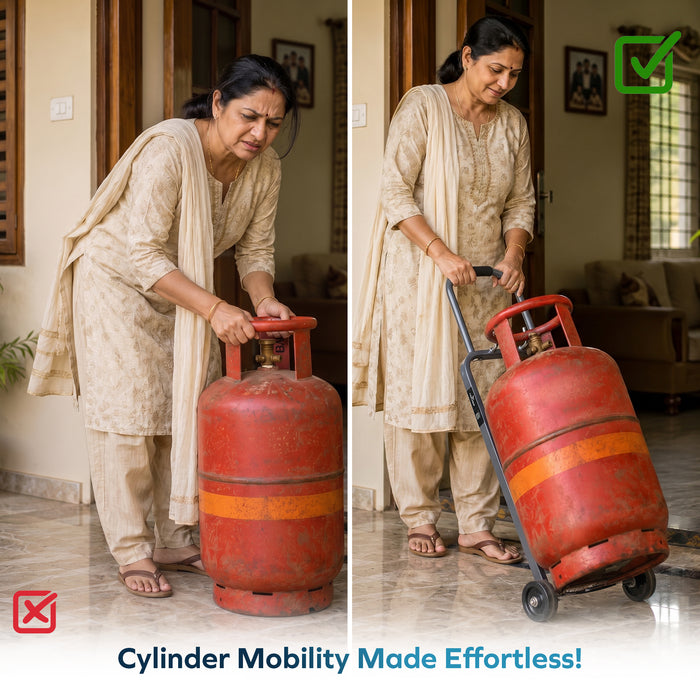 Corvids Heavy Duty Gas Cylinder Trolley with 2 Wheels & Hooks | 2-Year Warranty | Carbon Steel Frame, 4-Inch TPR Wheels, Padded Handle, LPG Cylinder Mover for Home & Kitchen, 80 KG Capacity (Grey)
