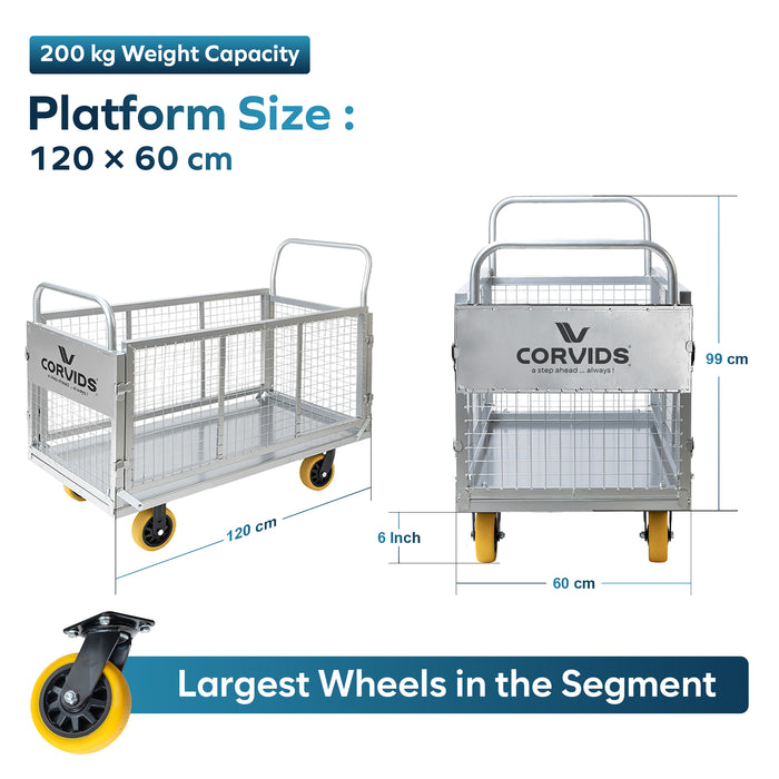 Corvids Heavy-Duty Iron Cage Platform Trolley  | 200 kg Load Capacity, 6-inch TPR Wheels & Dual Handles for Warehouse, Store, Factory, Home & Industrial Use | 2 Years Warranty
