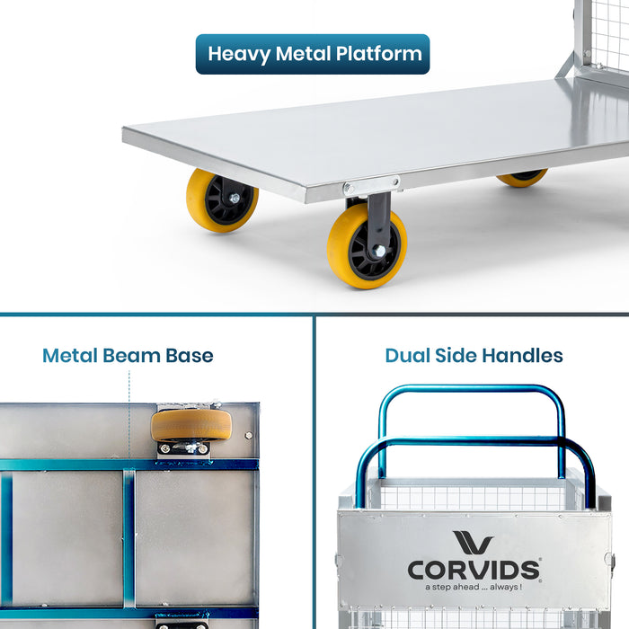 Corvids Heavy-Duty Iron Cage Platform Trolley  | 200 kg Load Capacity, 6-inch TPR Wheels & Dual Handles for Warehouse, Store, Factory, Home & Industrial Use | 2 Years Warranty