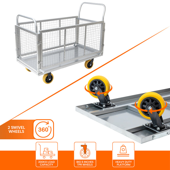 Corvids Heavy-Duty Iron Cage Platform Trolley  | 200 kg Load Capacity, 6-inch TPR Wheels & Dual Handles for Warehouse, Store, Factory, Home & Industrial Use | 2 Years Warranty