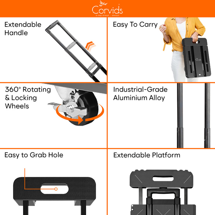 Corvids 150 Kg Portable & Compact Plastic Extendable Hand Platform Trolley with 2-Year Warranty