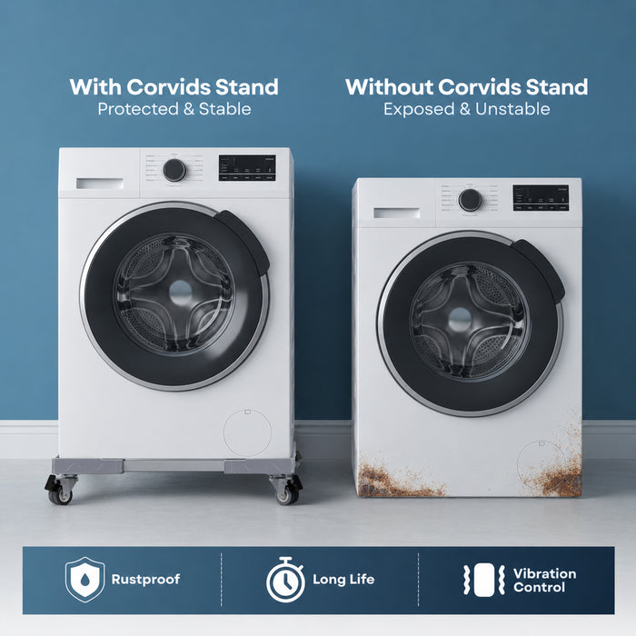 Corvids Adjustable Washing Machine Stand with Wheels | 2-Year Warranty | Refrigerator, Air Cooler & Dishwasher Trolley, 360° Rotating Lockable Wheels, Anti-Skid Grid Platform, 100 KG Capacity (Grey)