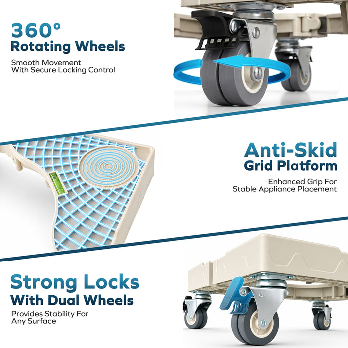 Corvids Adjustable Washing Machine Stand with Wheels | 2-Year Warranty | Refrigerator, Air Cooler & Dishwasher Trolley, 360° Rotating Lockable Wheels, Anti-Skid Grid Platform, 100 KG Capacity (White)