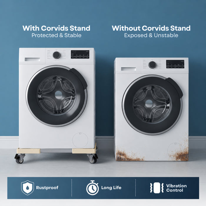 Corvids Adjustable Washing Machine Stand with Wheels | 2-Year Warranty | Refrigerator, Air Cooler & Dishwasher Trolley, 360° Rotating Lockable Wheels, Anti-Skid Grid Platform, 100 KG Capacity (White)