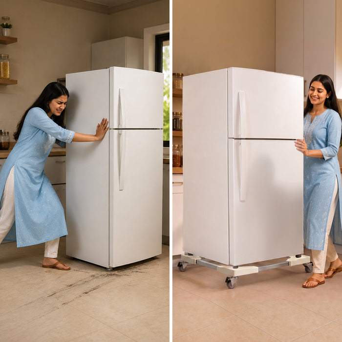 Corvids Adjustable Washing Machine Stand with Wheels | 2-Year Warranty | Refrigerator, Air Cooler & Dishwasher Trolley, 360° Rotating Lockable Wheels, Anti-Skid Grid Platform, 100 KG Capacity (White)