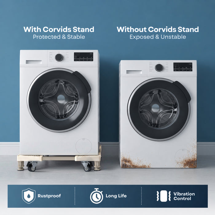 Corvids Adjustable Washing Machine Stand with Anti-Vibration Legs | 2-Year Warranty | Refrigerator & Dishwasher Trolley, 360° Rotating Lockable Wheels, Anti-Skid Grid Platform, 150 KG Capacity (White)