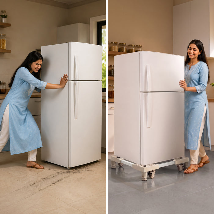 Corvids Adjustable Washing Machine Stand with Anti-Vibration Legs | 2-Year Warranty | Refrigerator & Dishwasher Trolley, 360° Rotating Lockable Wheels, Anti-Skid Grid Platform, 150 KG Capacity (White)