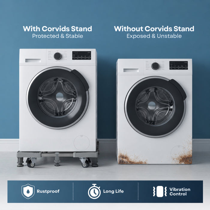 Corvids Adjustable Side by Side Refrigerator Stand with Anti-Vibration Legs | 2-Year Warranty | Washing Machine & Dishwasher Trolley, 360° Rotating Lockable Wheels with 150 KG Capacity (Grey)