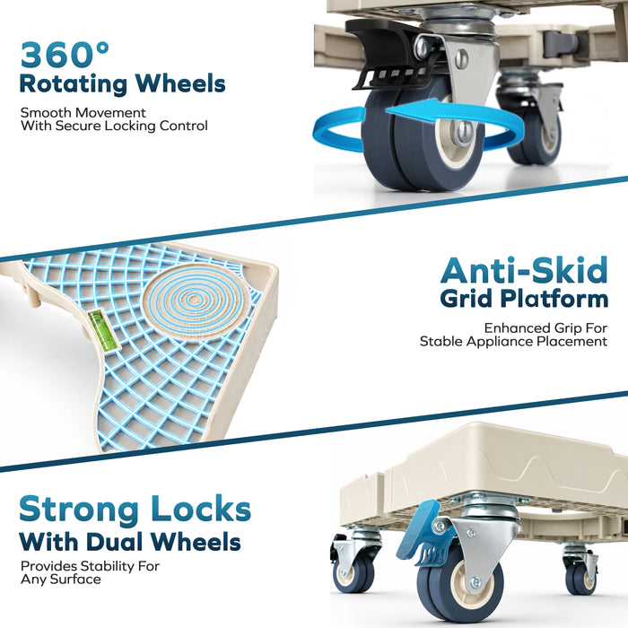 Corvids Adjustable Washing Machine Stand with Wheels | 2-Year Warranty | Refrigerator, Air Cooler & Dishwasher Trolley, 360° Rotating Lockable Wheels, Anti-Skid Grid Platform, 150 KG Capacity (White)