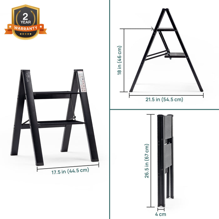 Corvids 2-Steps Premium Folding Step Stool with 2 Year Warranty (Black)