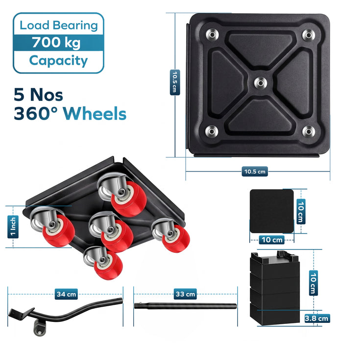Corvids Heavy Duty Furniture & Appliance Mover Tool Set | 2-Year Warranty | 700 KG Capacity | 360° Swivel Wheels with Lifting Lever & Anti-Slip Pads for Bed, Sofa, Wardrobe, Fridge & Washing Machine